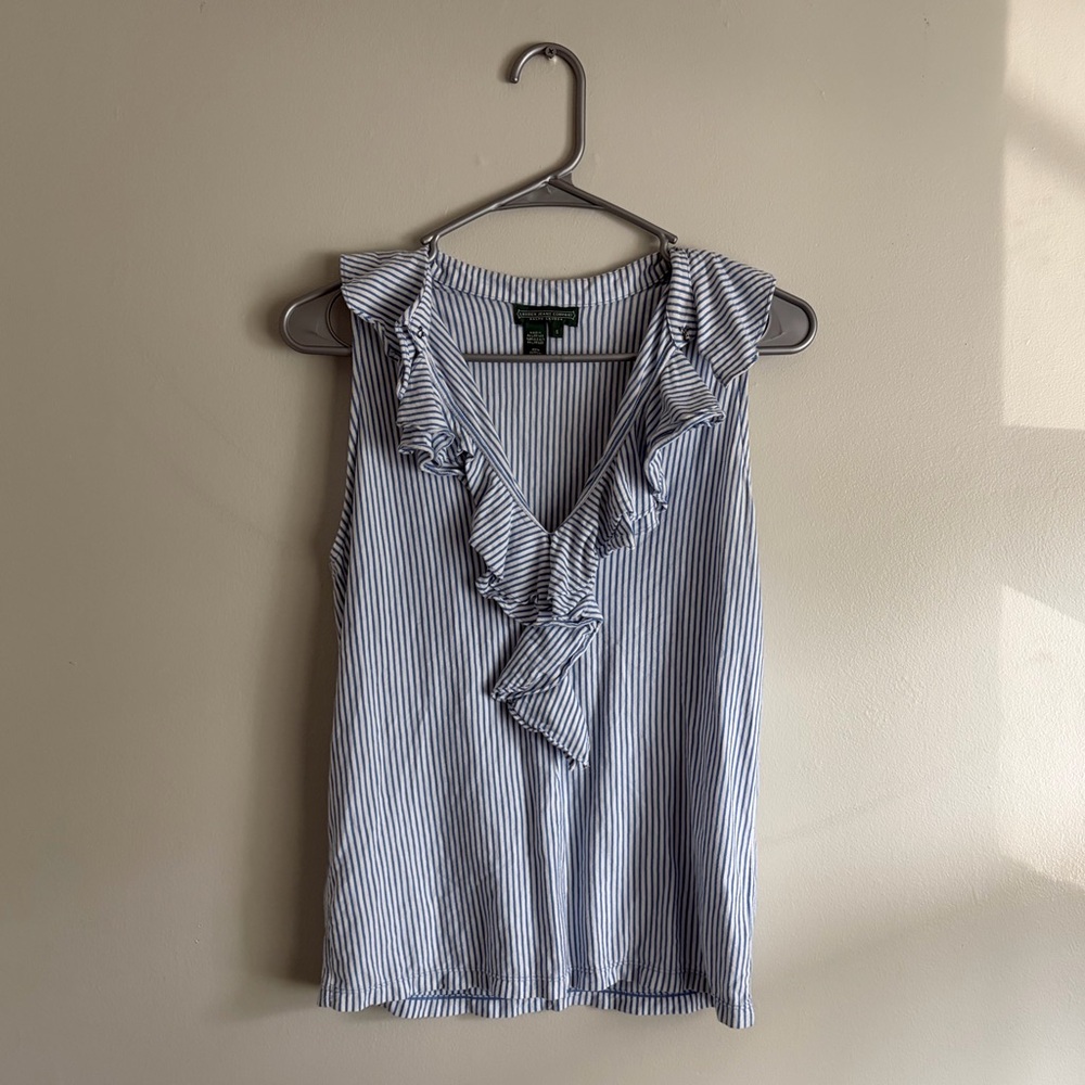 Ralph Lauren Blue and White Striped Ruffle Blouse